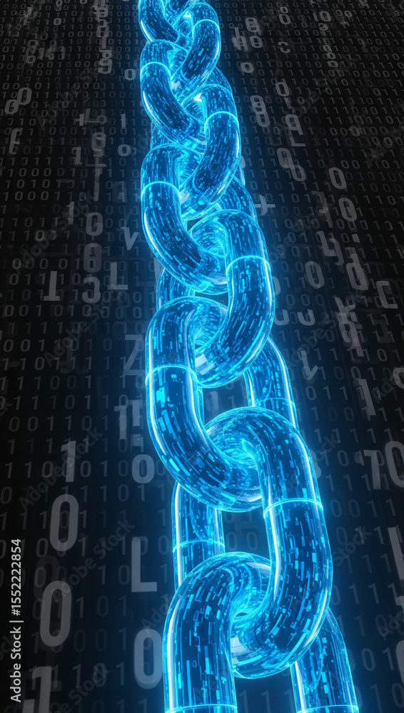 Poster Glowing blue chain links against binary code background, representing data security, digital connection, or blockchain technology
