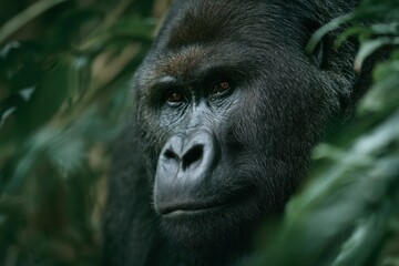 Obraz premium A large gorilla gazes thoughtfully among dense foliage, highlighting a moment of calm in its natural environment