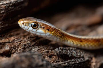 A vibrant snake moves smoothly along rough bark, showcasing its intricate patterns under bright sunlight in a natural habitat