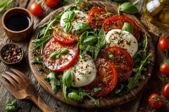 A vibrant Caprese salad featuring sliced mozzarella, tomatoes, and fresh basil arranged on a wooden platter with olive oil