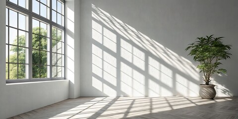 Obraz premium Sunlit White Room with Large Window and Plant, Interior, Minimalist
