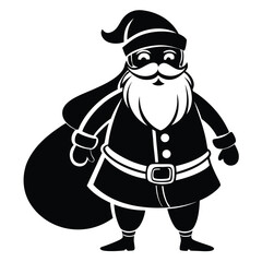 Monochrome Illustration of Santa Claus with Gift Sack and Smiling Face, Festive Season Icon