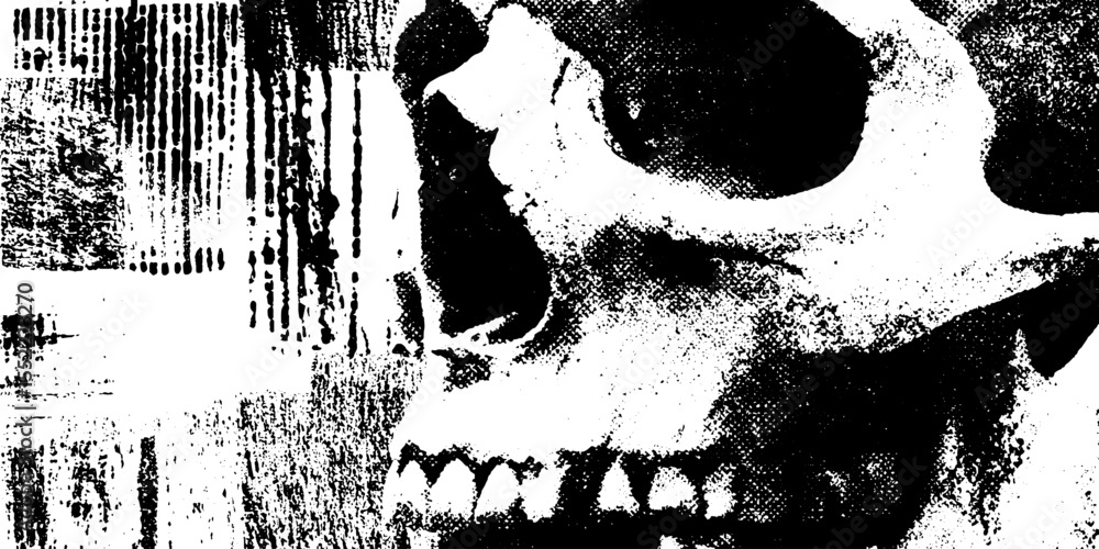 Poster Edgy grunge skull with halftone shading for unique design overlay