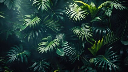 Tropical Leaves, Jungle Leaves Pattern Background. Selective Focus. Image For Templates, Banners, Presentations, Reports, Card.. With Empty Copy Space For Text
