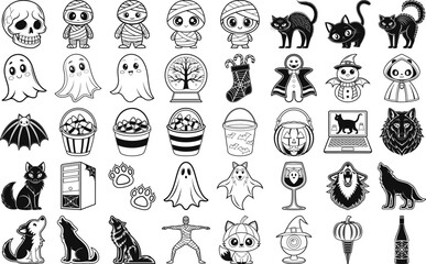 Obraz premium Spooky black and white Halloween icons showcase mummy, ghost, wolf, and cat for seasonal festivities