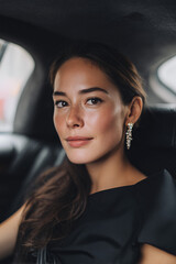 Elegant young woman with long brown hair and sparkling earrings sitting in a luxurious car, exuding confidence and style in an urban setting
