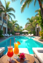 vibrant poolside scene colorful tropical drinks refreshing sunscreen summer vibes relaxation lounge chair paradise, sunset, piscine, sunglasses, umbrella