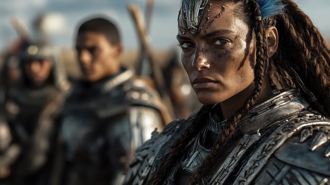A fierce female warrior adorned in intricate armor stands strong amidst a backdrop of a battlefield, exuding confidence and readiness for battle.