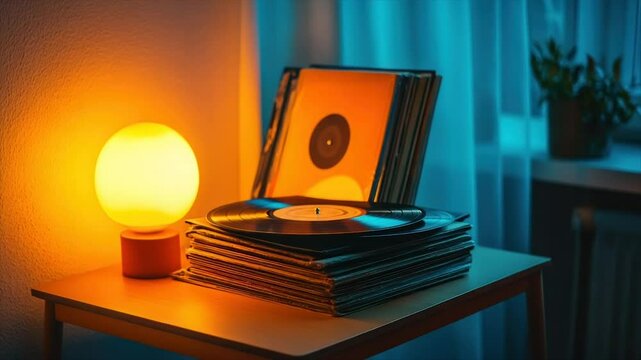 Warm lamp illuminates stack of vinyl records