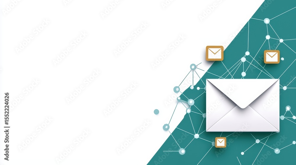 Poster creative email communication concept with network connections and envelope icons on a teal backgroun