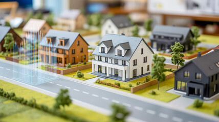 A miniature architectural model photograph of a modern residential development with a holographic data visualization overlay