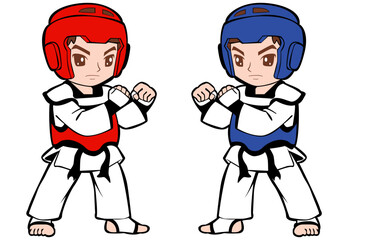 taekwondo martial arts players red and blue chest protectors black belt illustration kids