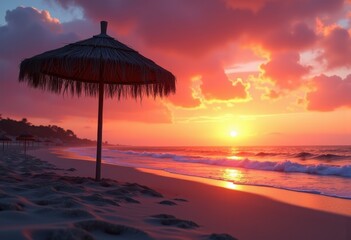 silhouette beach umbrella vibrant sunset sky coastal landscape serenity warmth, ocean, horizon, twilight, light, reflection, clouds, tropical, scene, vista