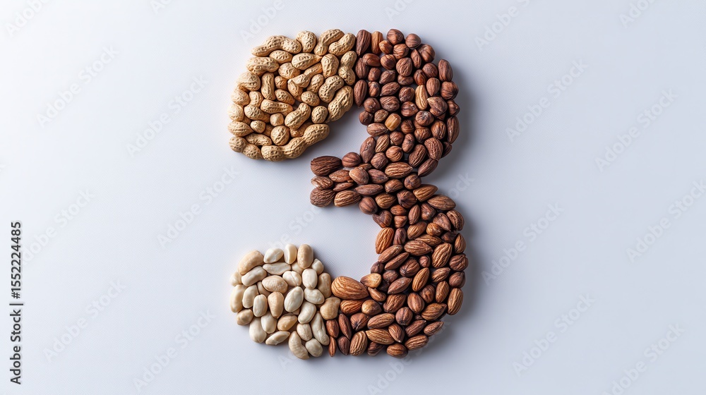 Aufkleber a creative display of various nuts arranged to form the number three, showcasing their textures and 