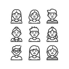 Diverse People Icons: Minimalist Black Line Art Portraits on White Background