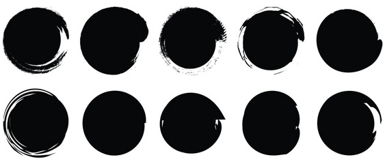 Set of black grunge circles shapes on a white background. Paint brush stamp collection. Vector brush circle. Grunge round shape.