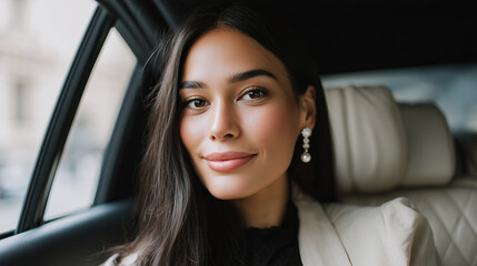 Elegant woman with long dark hair and pearl earrings sitting in a luxury car during a sunny day, exuding confidence and sophistication while looking at the camera