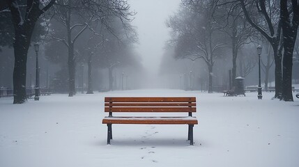 A Single Wooden Bench In an Empty Snow Covered Park With No Footprints Under a Gray Winter Sky