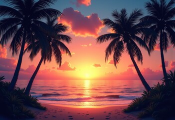 silhouetted palm tree vibrant sunset horizon tropical landscape exotic beach nature scene, dusk, sky, evening, light, shade, reflection, orange, pink