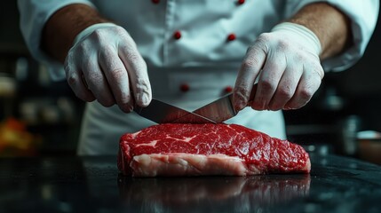 A chef wearing gloves skillfully slices a fresh cut of beef with precision, highlighting culinary expertise and the art of cooking in a professional kitchen environment.