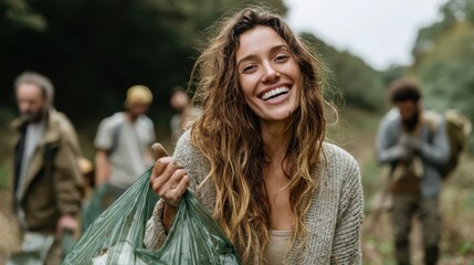 An enthusiastic woman joyfully participates in a community cleanup, smiling brightly as she holds a bag of collected waste, promoting environmental awareness and teamwork among friends.