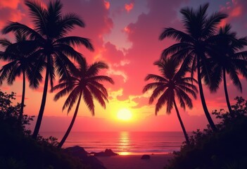 silhouetted palm trees colorful sunset sky vibrant hues palm fronds setting atmospheric backdrop, nature, dusk, tropical, landscape, clouds, outline, evening