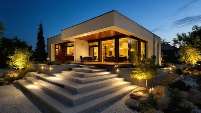 Modern Home at Night: A sleek, contemporary residence with inviting warm interior lighting, standing as a testament to architectural design and home living in a serene night setting.