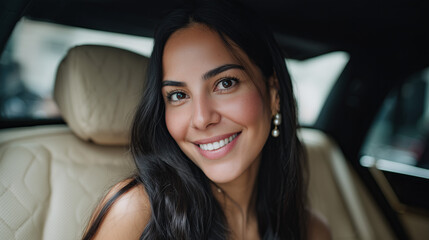 Smiling woman with long dark hair and pearl earrings sitting in a luxurious car interior during daytime