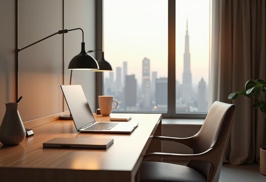 sleek laptop modern hotel desk minimalist design workspace contemporary furniture clean aesthetic travel productivity, technology, office, interior