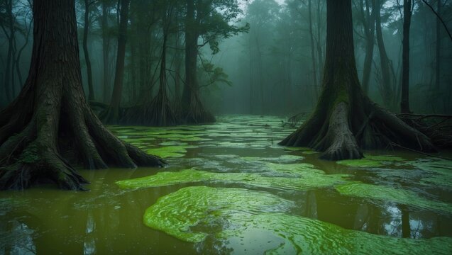 A swamp with green slime in the forest - Powered by Adobe