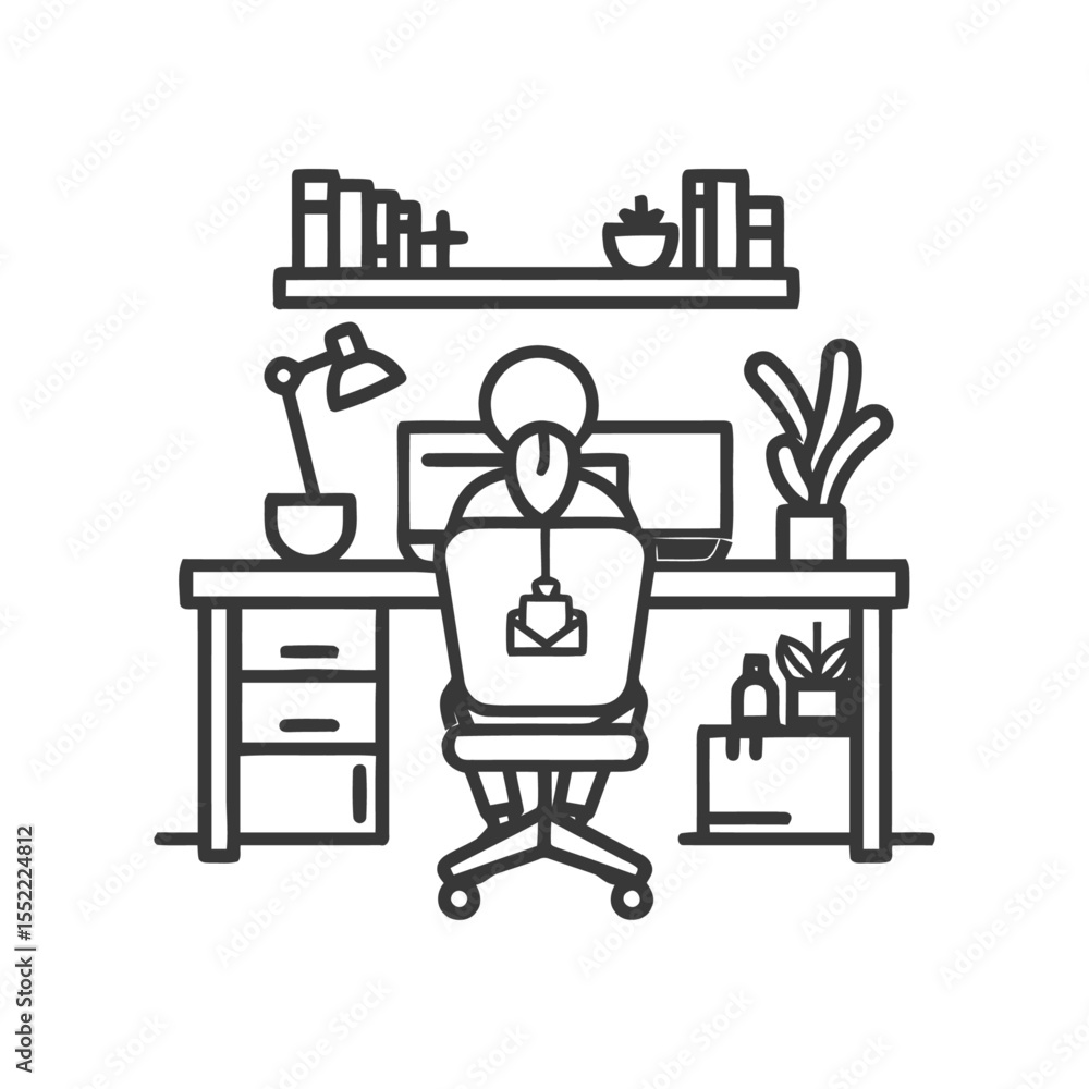 Poster minimalist line art: person at desk with computer and bookshelf