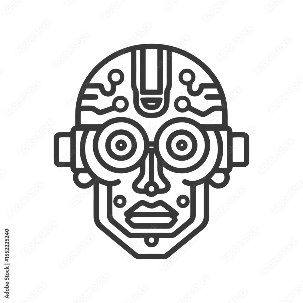 Poster minimalist robot head icon with circuitry and geometric features