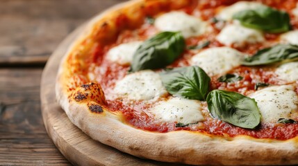 A mouthwatering Margherita pizza topped with melted mozzarella, vibrant tomato sauce, and fresh basil, showcasing a perfect blend of traditional Italian flavors and ingredients.