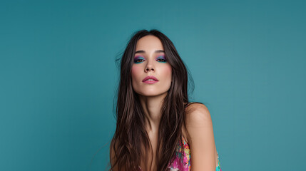 Elegant woman with long dark hair and vibrant eye makeup posing against a turquoise background in a stylish floral outfit, showcasing contemporary fashion aesthetics