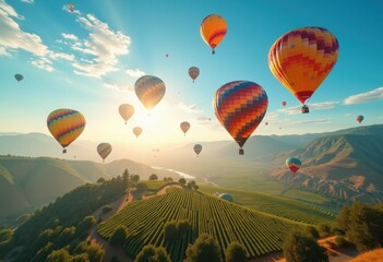 Naklejka premium stunning vibrant hot air balloons colorful landscape overhead scenic views sky exploration adventure, sunrise, sunset, nature, inflight, outdoors, clouds