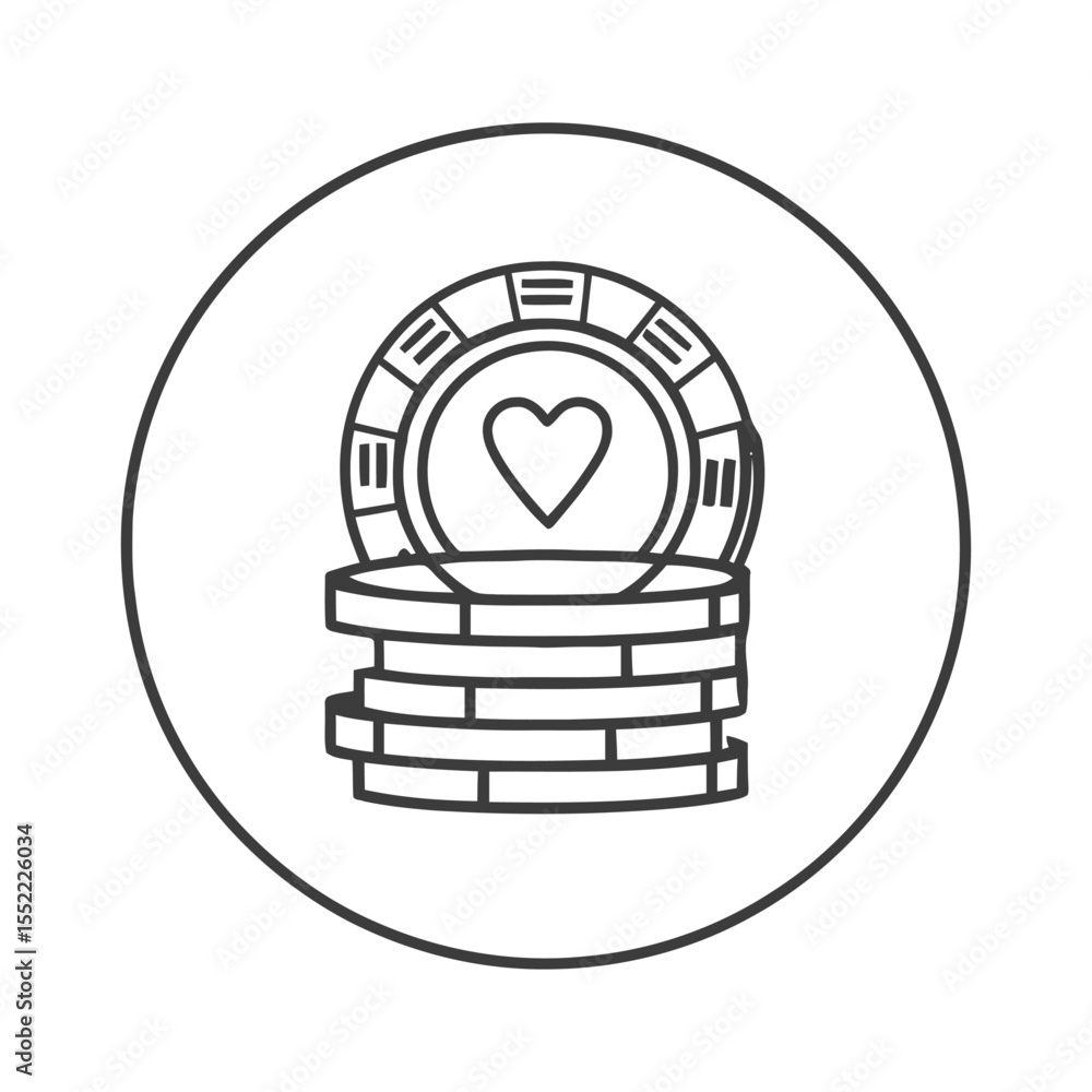 Poster minimalist poker chips stack with heart symbol in circular frame