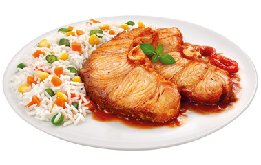 prato com peixe ao molho de ervas acompanhado de arroz de legumes isolado em fundo transparente