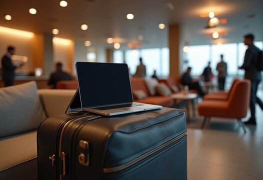 stylish laptop resting sleek suitcase modern airport lounge comfortable seating elegant decor, interior, design, furniture, travel, workspace, decoration