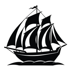 Black Silhouette of a ThreeMasted Sailing Ship Floating on Stylized Waves Graphic