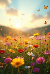 Obraz premium vibrant wildflowers blooming sunlit meadow colorful floral garden peaceful springtime scene, sunlight, grass, landscape, nature, petal, scenery, field