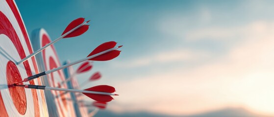 The arrows striking the targets against a beautiful sunset sky.