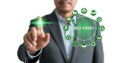 Man touching holographic screen showing ISO 14001 certification for environmental management system concept allied to technology, white background
