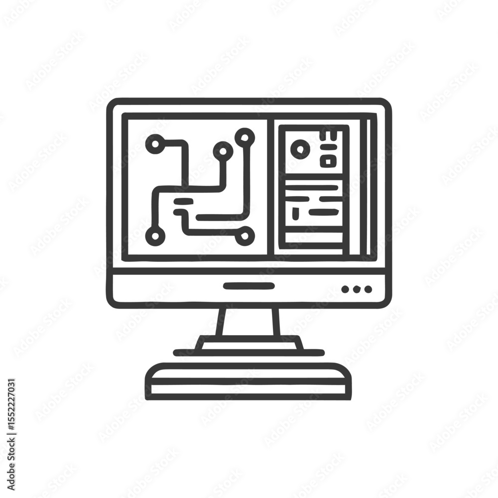Poster retro computer outline icon with circuit board and data storage