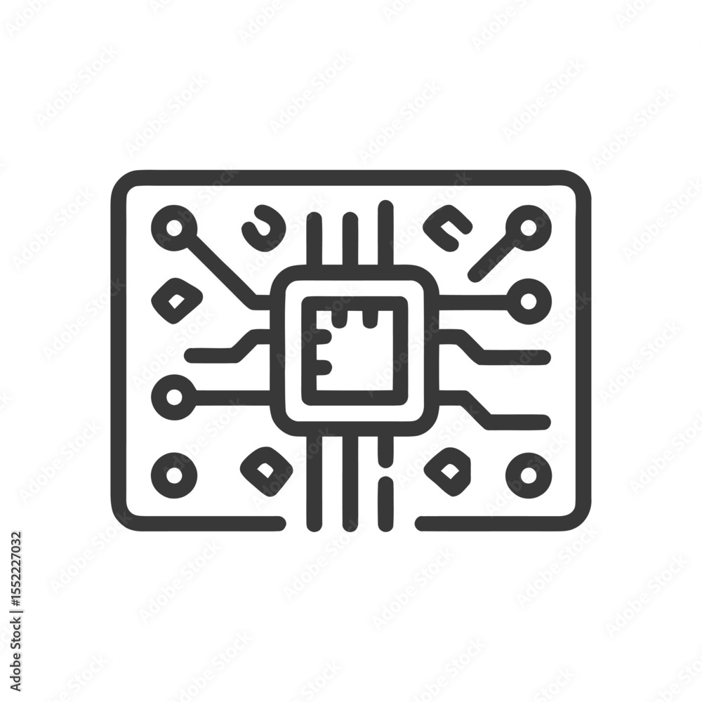 Poster detailed outline of a microchip with circuitry on white background