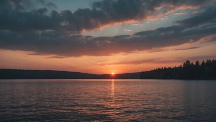 Sunset Over The Lake with Empty Copy Space For Text
