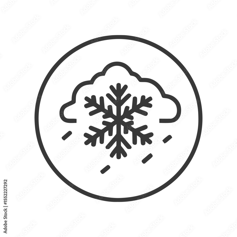 Aufkleber minimalist snowflake icon with cloud and falling snow in circle frame