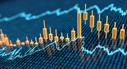 3D rendered orange candlestick chart on a binary code background, illustrating financial market trends and data analysis