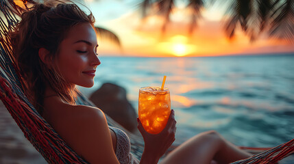 young woman drinking cocktail at the beach	
