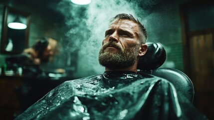 Captured in a barber shop, this image features a man seated in a barber chair surrounded by swirling smoke, embodying the classic grooming experience with a modern twist.