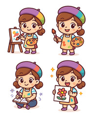 Cute painter girl cartoon vector icon illustration art creativity icon isolated flat vector